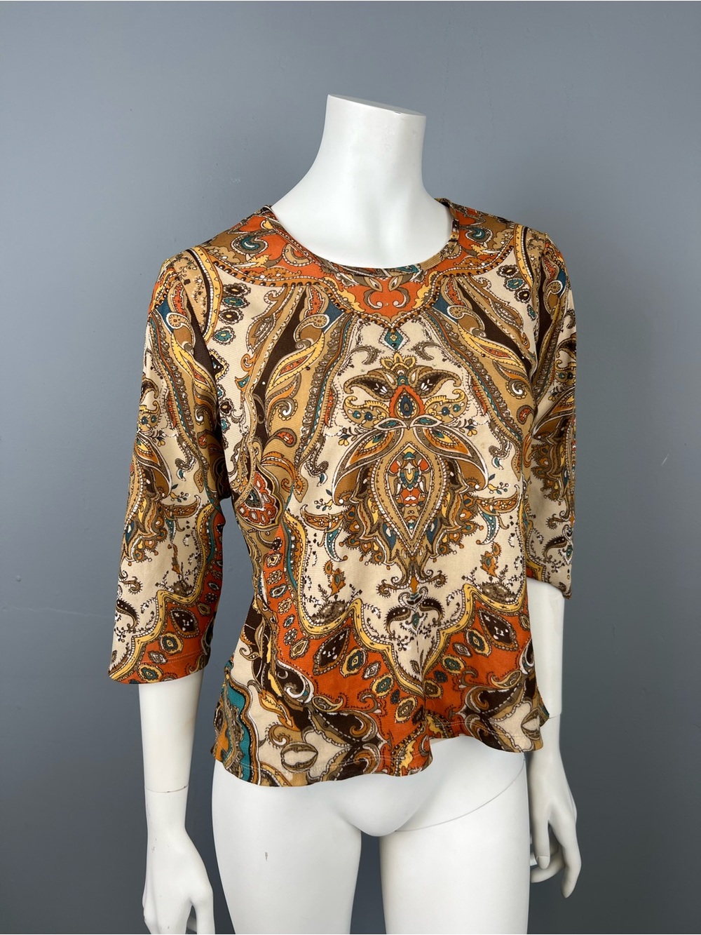Women's Paisley Mesh Print Round-Neck Top in Orange and Cream Small Rhinestones